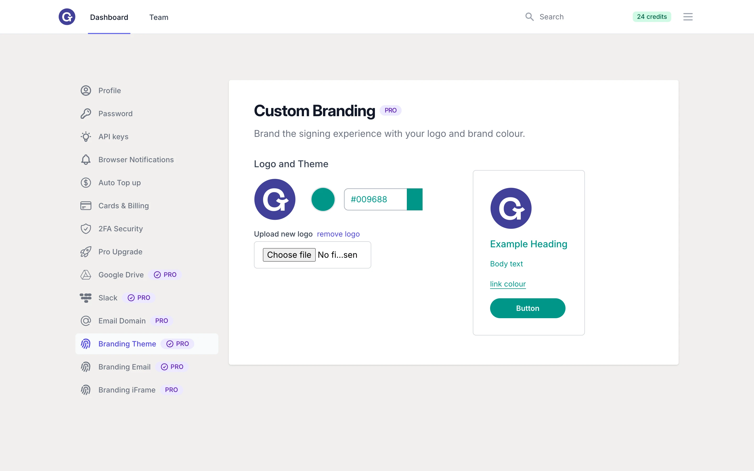 GoodSign custom branding settings with logo and brand colour