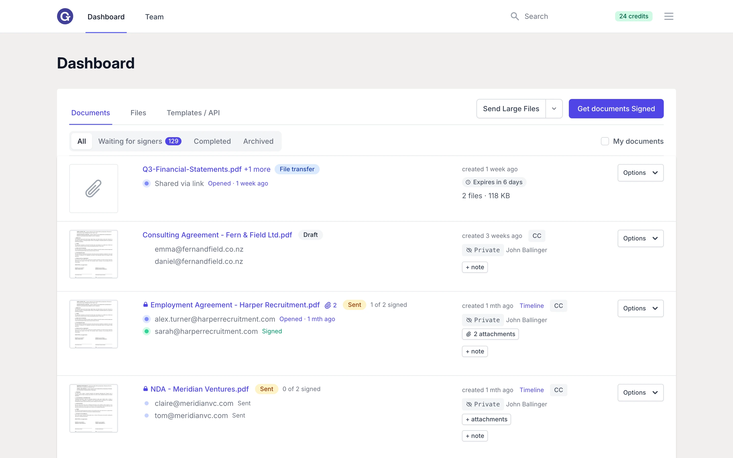GoodSign dashboard showing document statuses, signers and file transfers
