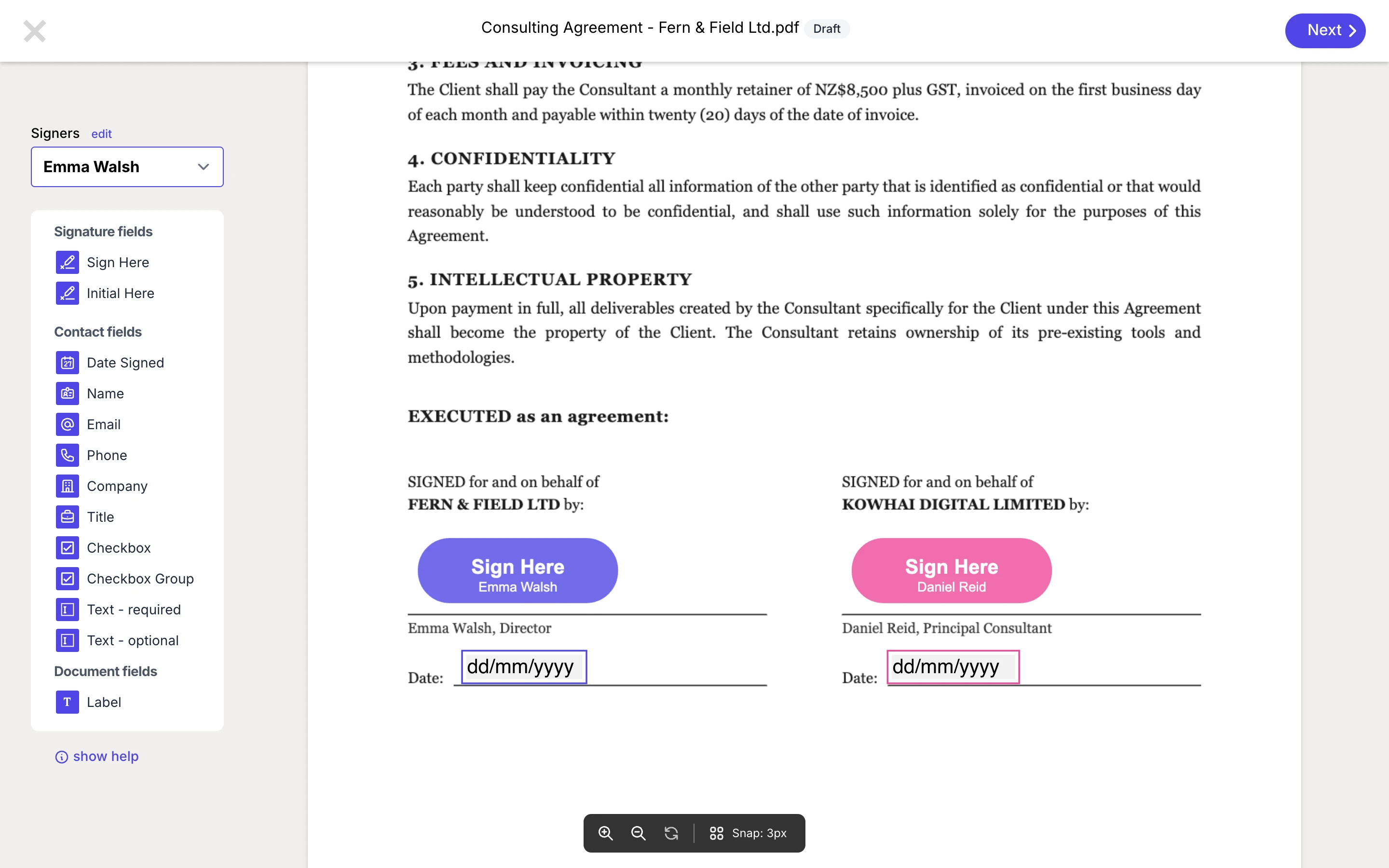 GoodSign drag and drop designer placing signature fields on a consulting agreement