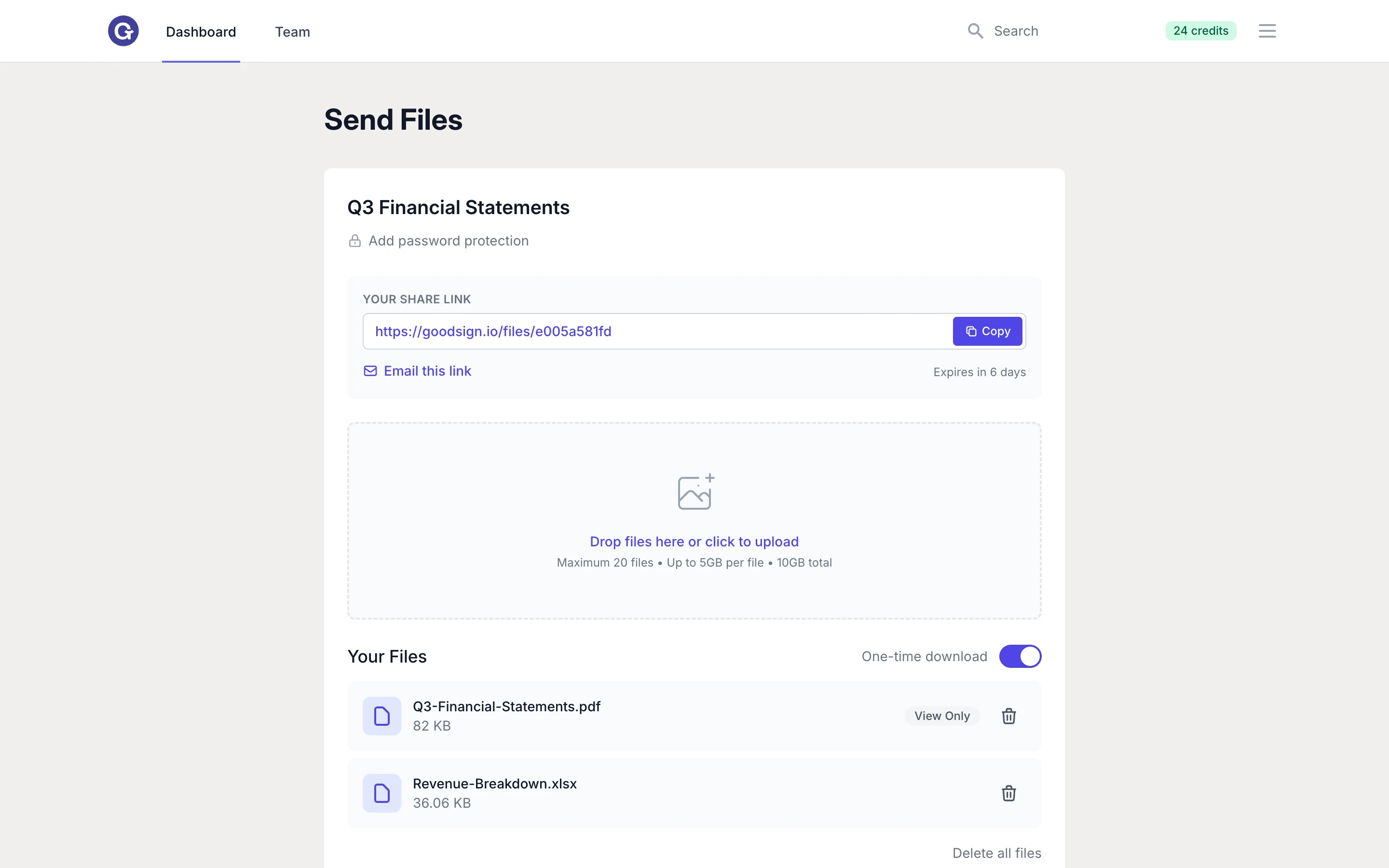 GoodSend secure file transfer with one-time download links