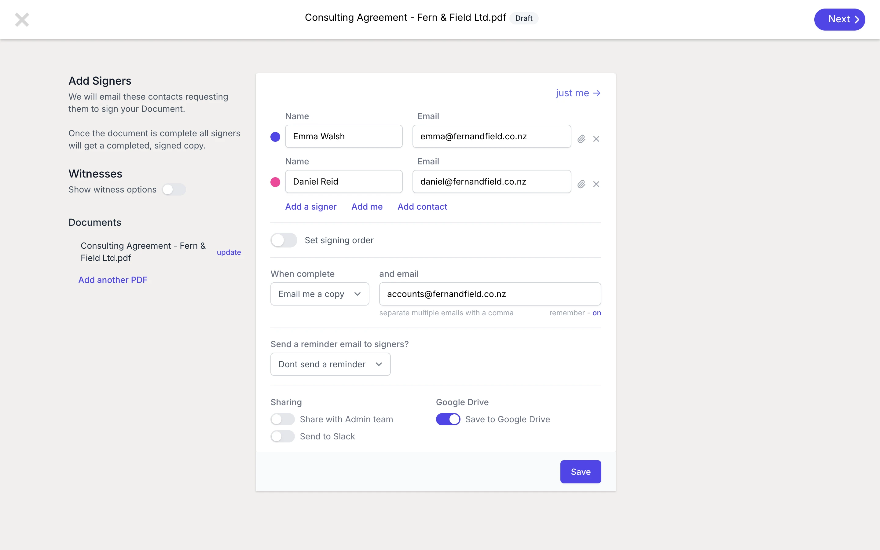 GoodSign send screen with signers, reminders and Google Drive options