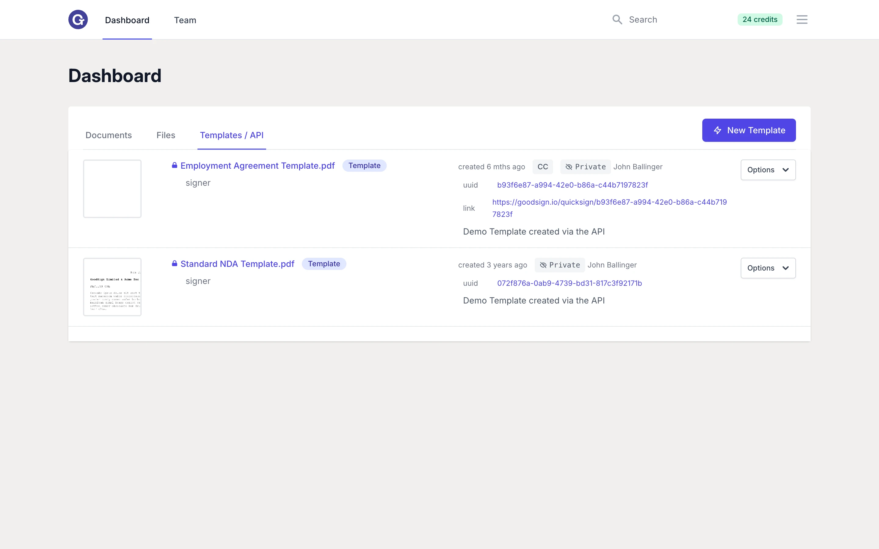 GoodSign templates list with API uuids and quicksign links