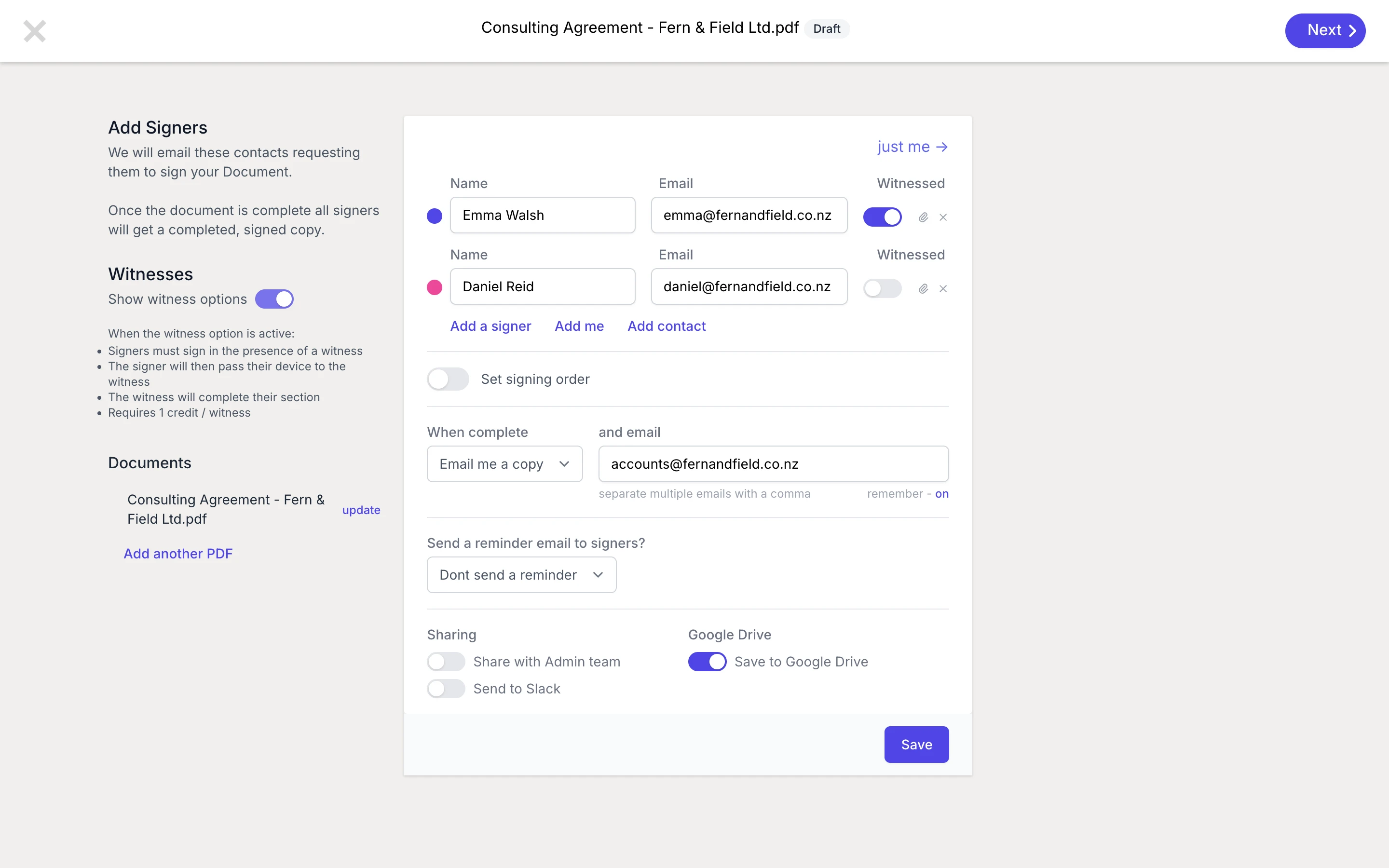 GoodSign configure screen with witness signing options enabled