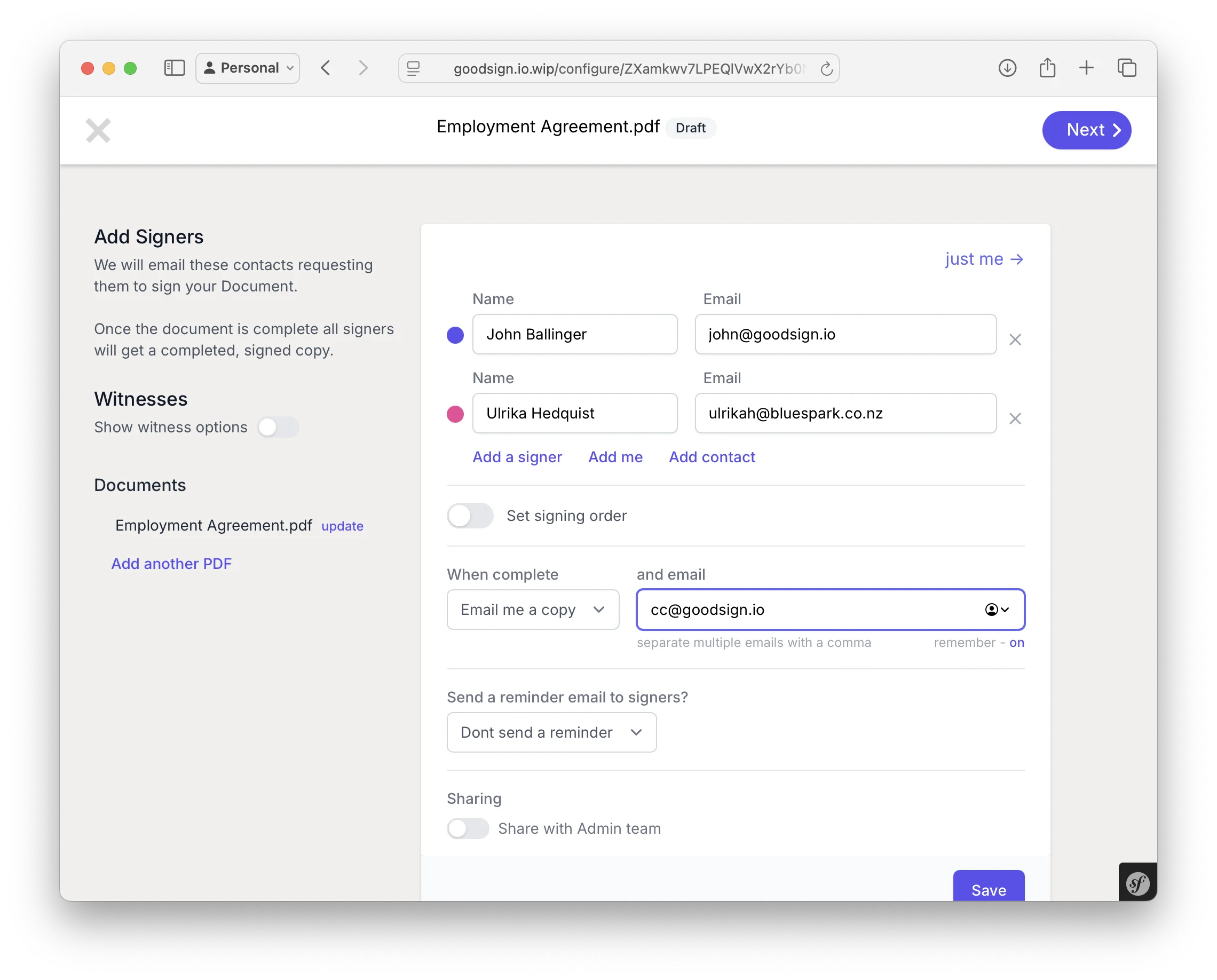Add multiple signers to a document
