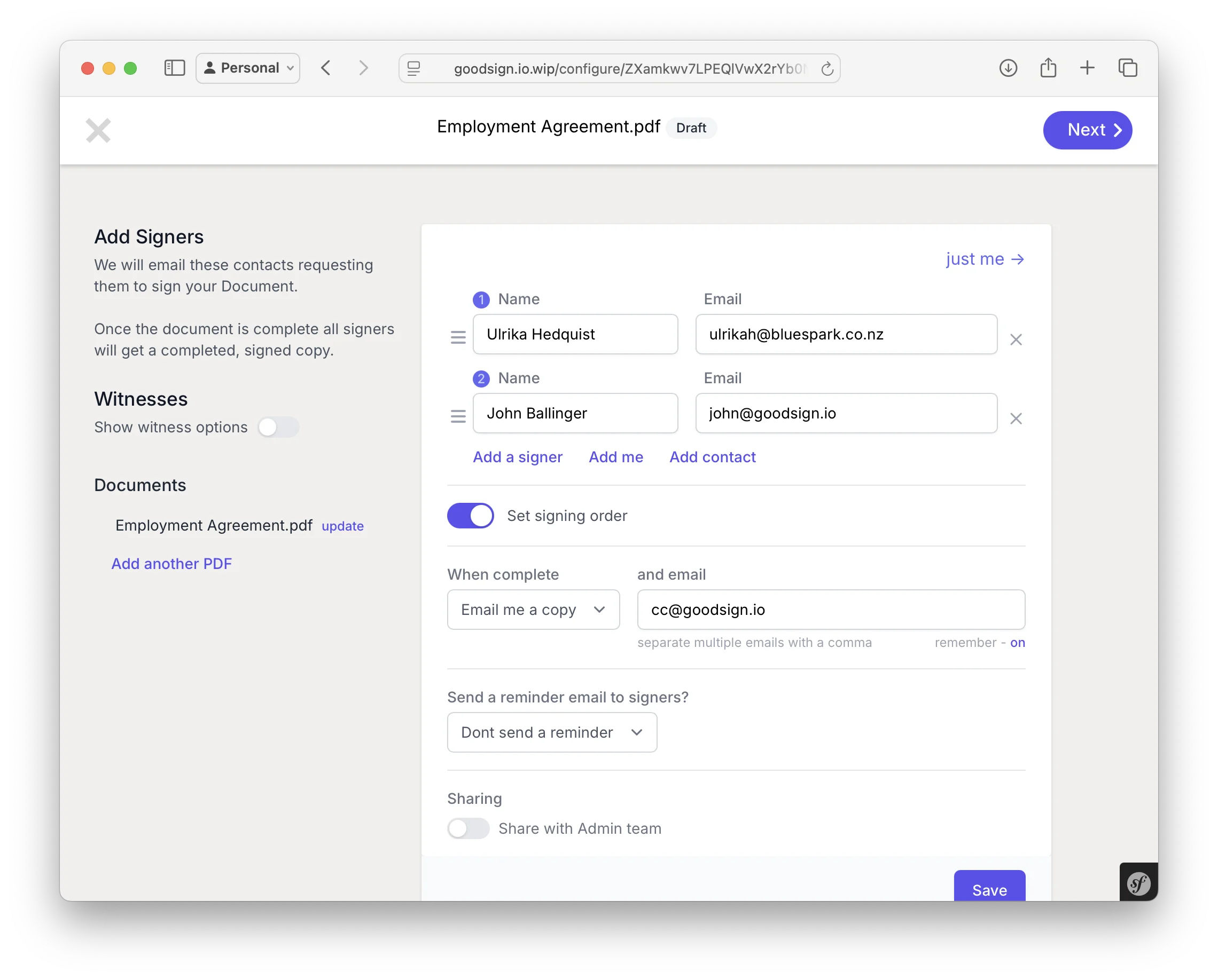 Set signing order for sequential signing