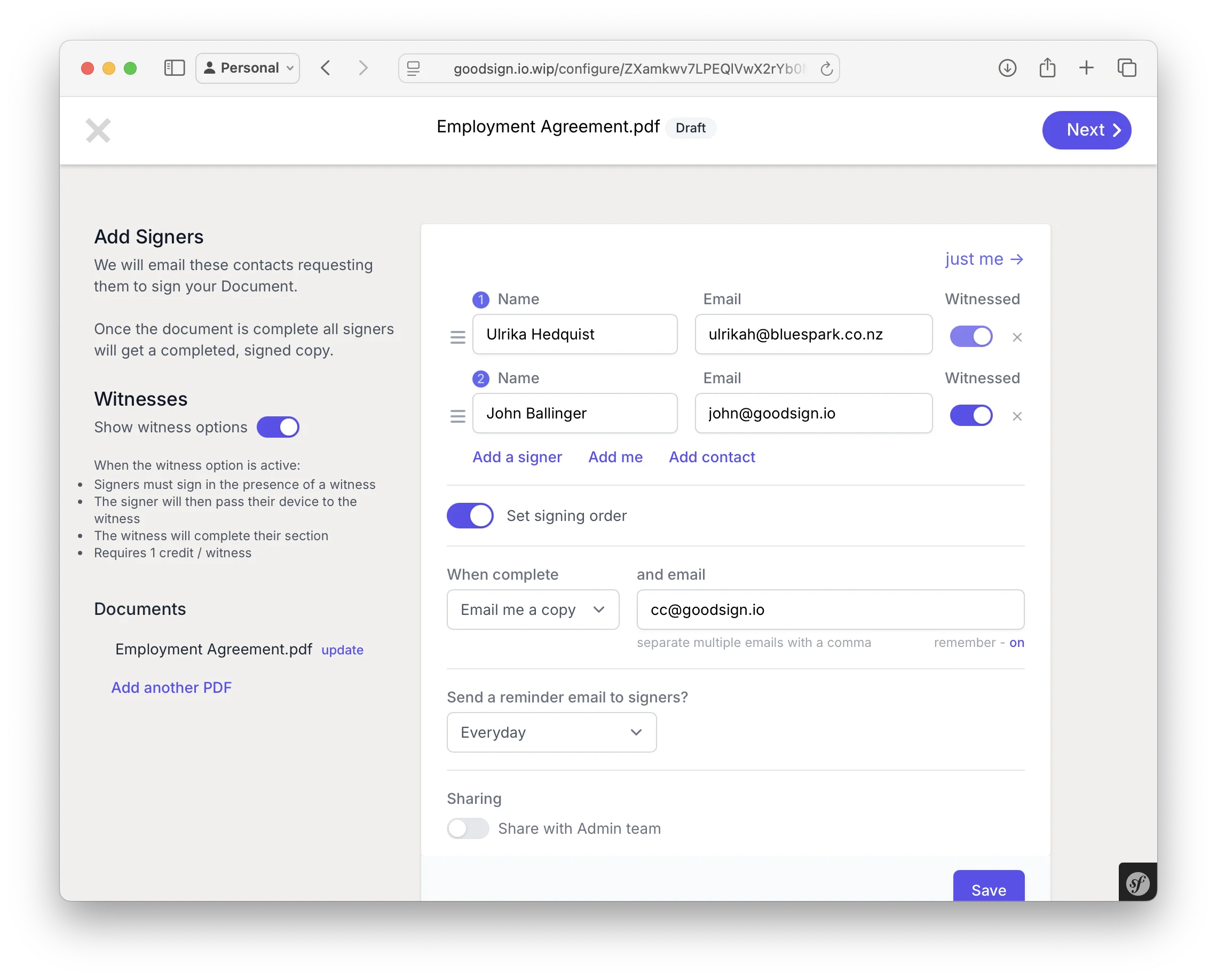 Enable witness signing