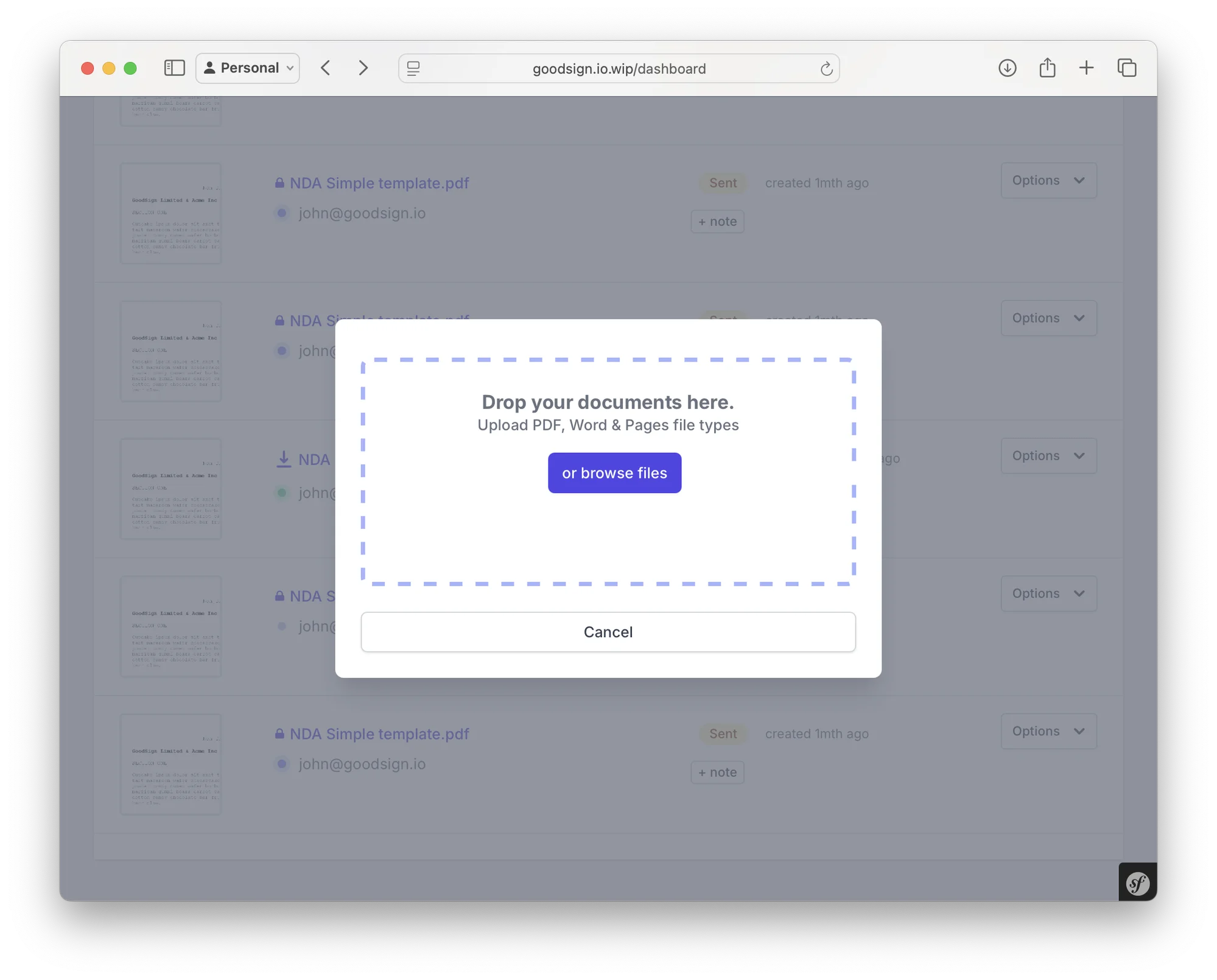GoodSign dashboard — drag and drop to upload PDF, Word, or Pages documents
